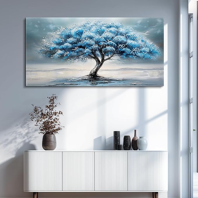 FUHAIHUA Canvas Wall Decor For Living Room Wall Art For Bedroom Large Size Office Decorations Blue Tree Paintings Abstract Wall Pictures Artworks ReadyTo Hang Dormitory Home Decoration 20"X40"