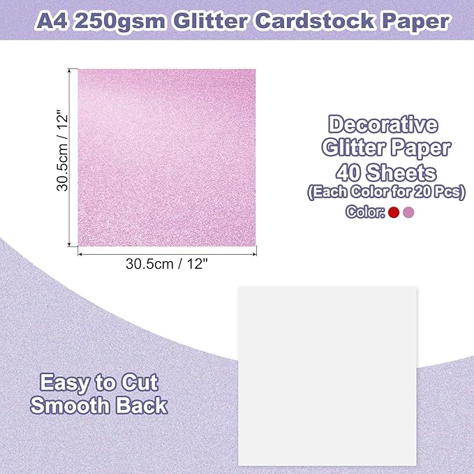 PATIKIL 40Sheets Red/Pink Glitter Cardstock, 12x12In Glitter Paper Card Stock Shiny Scrapbook 250gsm Sparkly Paper Large Shimmer for Crafts Scrapbook DIY Art Wedding Party