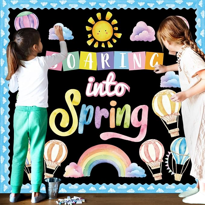 39pcs Spring Bulletin Board Decorations Soaring Into Spring Classroom Bulletin Board Set Hot Air Balloon Rainbow Paper Cutouts for Classroom School Office Home Nursery Chalkboard Door Wall Decor