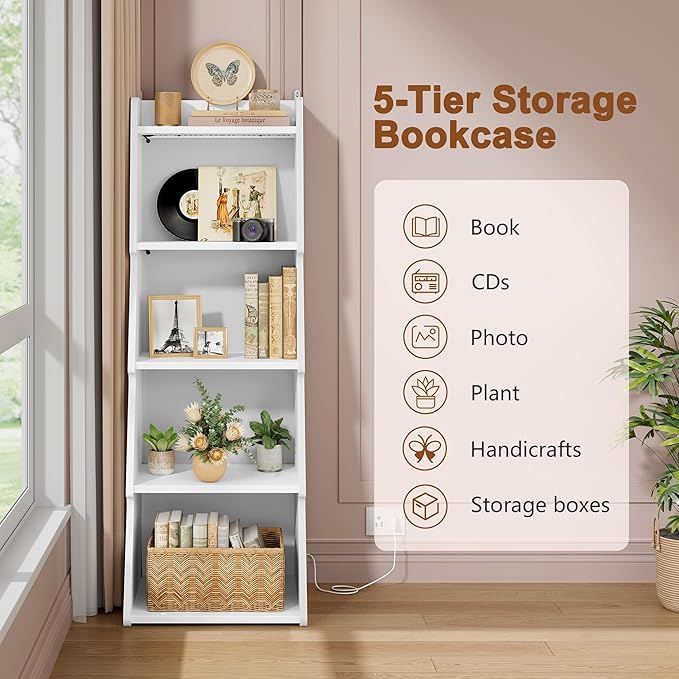 Hoctieon 5-Tier Open Bookcase and Bookshelf with LED Light, Floor Standing Display Storage Shelves, Wood Modern Display Organizer for Home Office, Living Room, Bedroom, Study, White