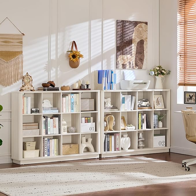 12 Cube Storage Organizer, 41" Large Bookshelf with Curved Edge, Wood Floor Standing 3-Tier Cubby Bookcase w/Base, Modern Display Storage Cabinet for Living Room, Office, Gray-White Cream Oak