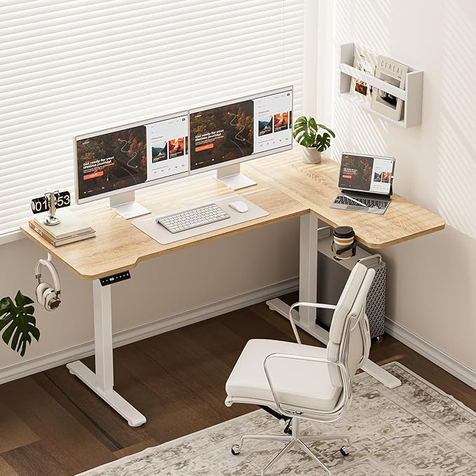 51" Reversiable L-Shaped Electric Standing Desk Adjustable Height Gaming Stand Up Corner Desk Sit Stand Home Office Computer Desk with Splice Board, Light Rustic Brown Top