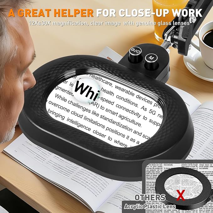 12X&30X Ultra Long Arm Magnifying Glass with Light, Three-axis Rotation Infinite Color Dimmable Magnifying Lamp, Lighted Magnifier Workbench Light for Craft, Reading(12X&30X 35in Oval Clamp)