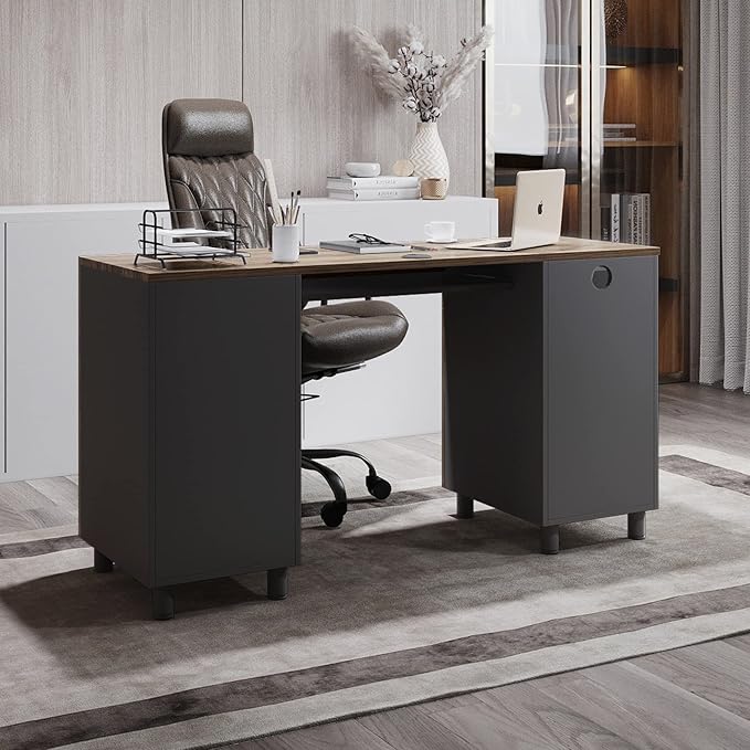 Modern Design Venice Computer Office Desk with 3 Locking Drawers and Storage Cabinet, 53 Inch Home and Office Executive Walnut and Black Desk with Keyboard Tray by Crafts and Comfort