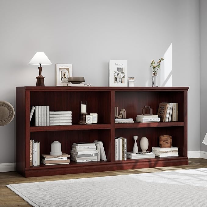 Double Wide Open Shelf Bookcase - 2 Tiers 4 Storage Cube Adjustable Space Book Case, Display Cabinet Organizer with Bookshelf, 64.8 inch Width Indoor Furniture for Home Library Office, Mahogany
