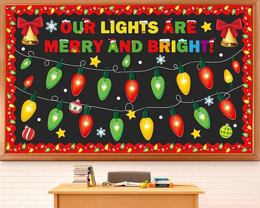 Christmas Bulletin Board Set Xmas Merry and Bright Classroom Decorations Light Bulb DIY Photo Paper Cutouts Winter Holiday Bulletin Board Border for School Wall Xmas Party Decor Teacher Supplies