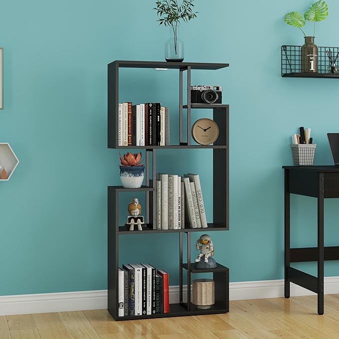 Manora 3 Tier Geometric Bookcase, S Shaped Bookshelf, Modern Black Brown Bookcase with Tall Display Shelves, Decorative Storage Shelf for Living Room and Bedroom