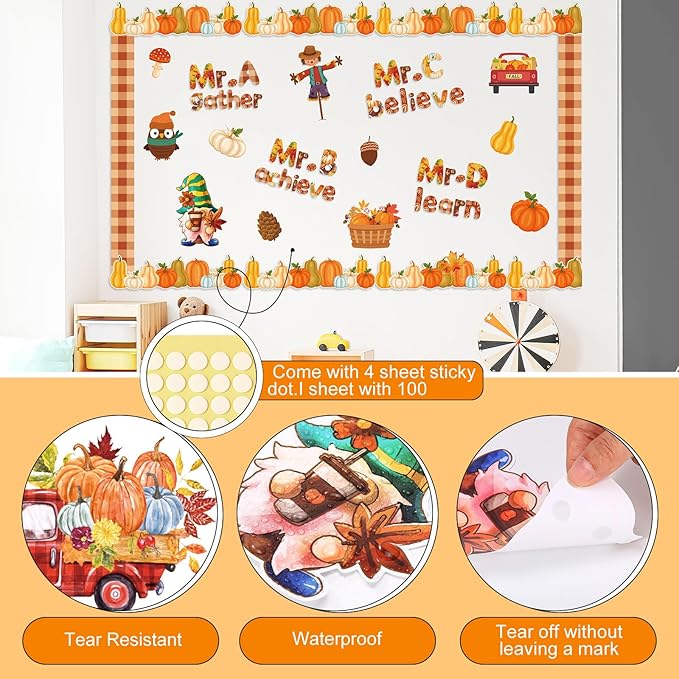 Kosiz Fall Bulletin Board Decoration Set 118 ft Thanksgiving Scalloped Bulletin Board Borders Classroom Poster Border Trim with 257 Pcs Letter Number Symbol Cutout for School Decor