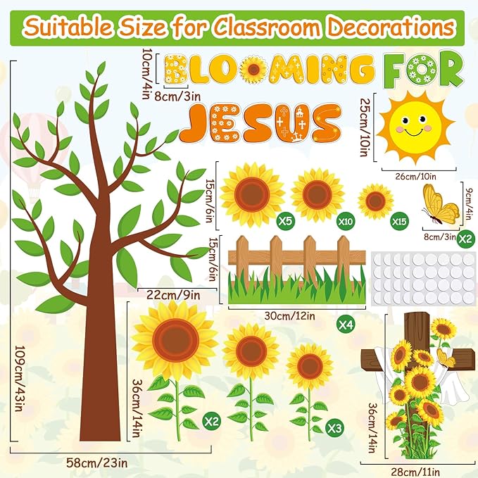 gisgfim Spring Sunflower Bulletin Board Decoration Set Religious Cutouts for Classroom School Welcome Blooming for Jesus Summer Christian Bulletin Board Craft Door Home Wall(Blooming for Jesus)