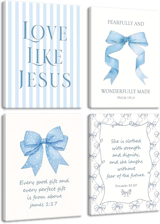 Light Blue Bow Christian Wall Art for Girls Dorm – Coquette Aesthetic Scripture Canvas Prints, Christian Wall Decor for Teen Room, or Bathroom – Framed Cute Spiritual Decor 16x24 inch