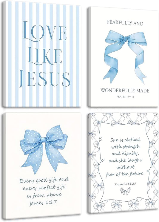 Light Blue Bow Christian Wall Art for Girls Dorm – Coquette Aesthetic Scripture Canvas Prints, Christian Wall Decor for Teen Room, or Bathroom – Framed Cute Spiritual Decor 16x24 inch
