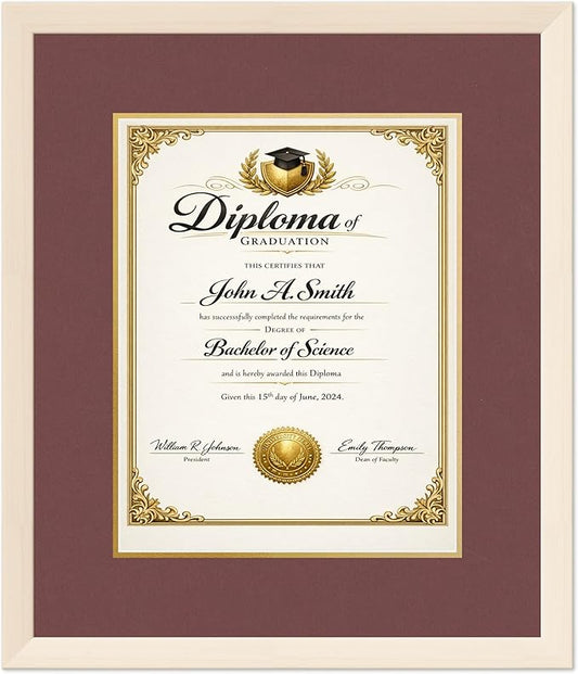 CountryArtHouse Diploma Frame Fits 11 x 14 College Diploma (Portrait) - Keepsake Graduation Display Coastal Whitewash Genuine Hardwood with Dark Red Over Metallic Gold Double mat