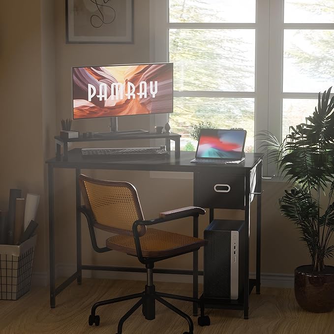 Pamray 39 Inch Computer Desk with Monitor Stand Small Home Office Desks with Non-Woven Storage Drawer for Bedroom Study Table Writing and Work Desk Orange