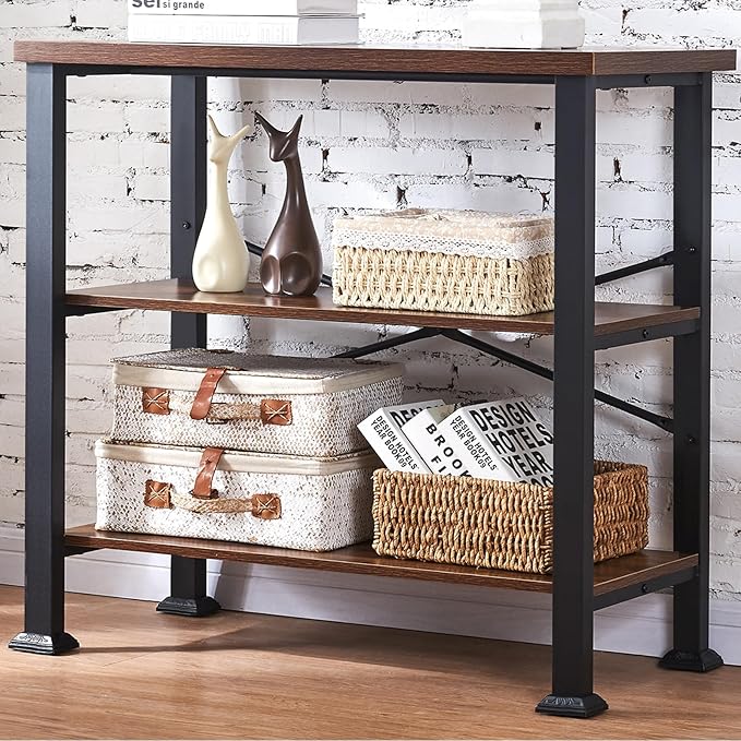 HOMBAZAAR 3 Tier Bookshelf,Rustic Brown Industrial Book Shelf,Engineered Wood and Metal Small Bookcases,Low Shelf Bookcase for Living Room,Office,Bedroom and Kitchen