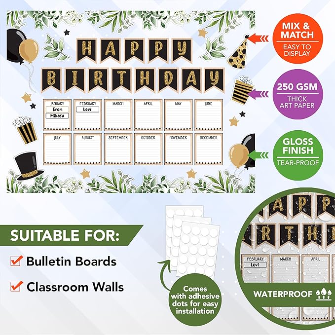 Decorably 103 Pcs Cutouts Farmhouse Happy Birthday Bulletin Board Decorations with Borders - Gloss-Laminated Cardstock for School, Classrooms