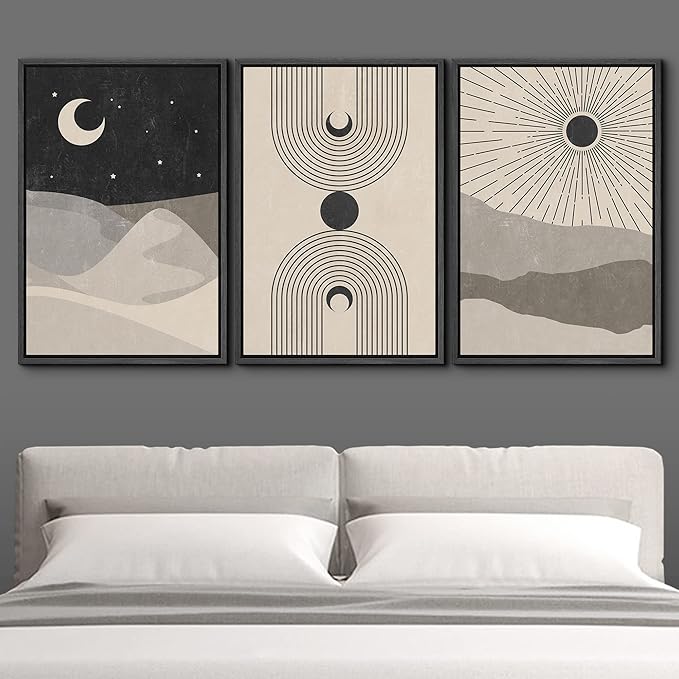 IDEA4WALL Framed Canvas Print Wall Art Set Crescent Moon Shining Sun Tropical Desert Astronomy & Space Nature Illustrations Modern Art Rustic for Living Room, Bedroom, Office - 16"x24"x3 Black