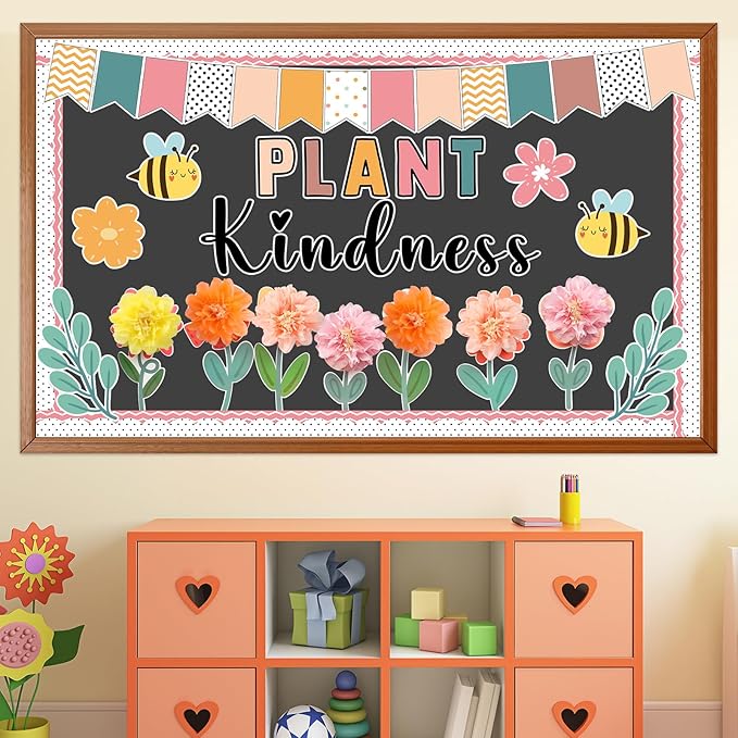 Justforjoyful Spring Bulletin Board Decorations Flower Bulletin Board Set with 3D Tissue Paper Pompoms Bees Cutouts Plant Kindness Floral Decor for School Classroom Home Nursery Chalkboard Wall