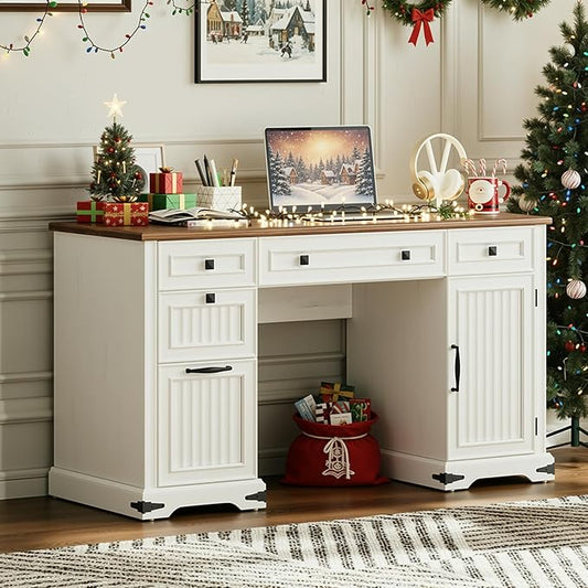 IRONCK 55'' Farmhouse Desk Home Office with Drawers, Wooden Computer Desk with Charging Station, File Drawers and Storage Cabinet, Executive Desk for Work, Study Writing, White