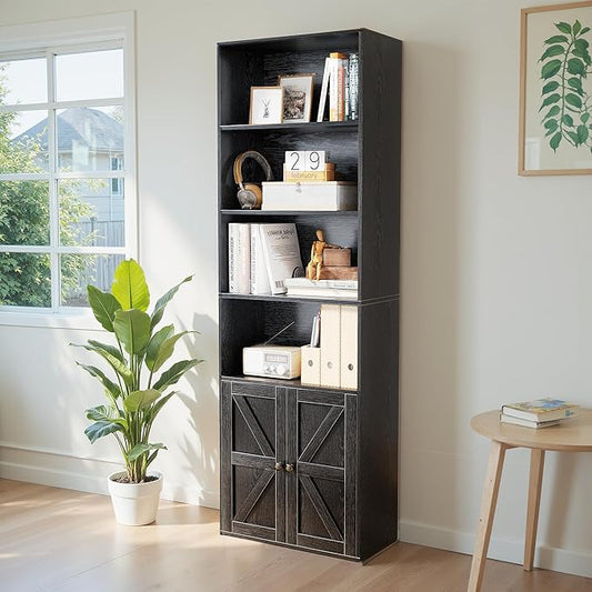 YESHOMY 71.5" Tall Bookshelf and Bookcase, Industrial Bookshelves and Bookcases with Doors, 4-Tier Floor Standing Tall Display Storage Cabinet with Doors for Home Office, Living Room, Black, 1 PCS