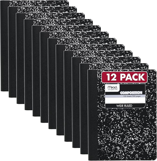 Mead Composition Notebook, 12 Pack, Wide Ruled Paper, 7-1/2" x 9-3/4", 100 Sheets per Comp Book, Black Marble (72936)