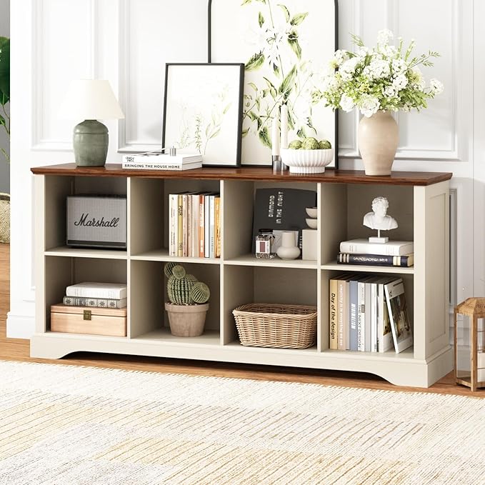 8 Cube Storage Organizer - 62" Long Farmhouse Wood Low Bookshelf, Horizontal Open Shelf Bookcase Cubby Storage Console Cabinet for Living Room, Entryway, Office, Antique White