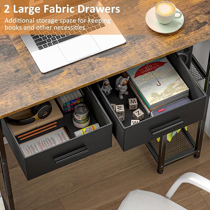 Computer Desk with Drawers, 37.3 Inch Home Office Work Desk with Storage Shelf, Kids Teens Study Table for Small Space, Small Writing PC Table for Bedroom Makeup Vanity Desk, Brown