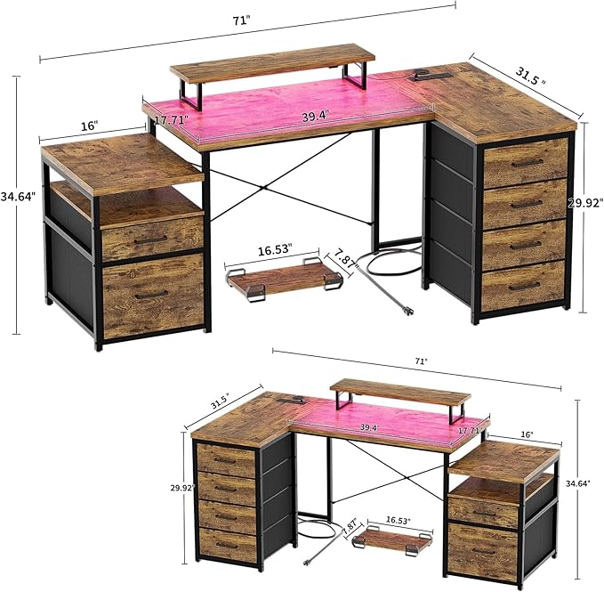 Unikito Reversible L Shaped Computer Desk with Fabric File Drawers, 70.8" Large Office Desk with RGB LED Light & Power Outlets & Monitor Stand & CPU Stand, Sturdy Corner Gaming Desk, Rustic Brown