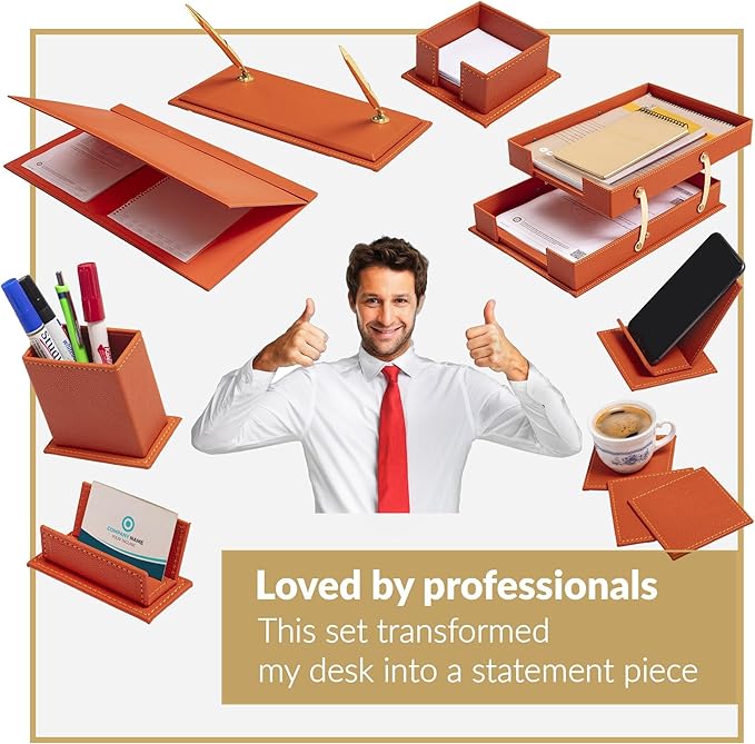 MOOGCO 12-Piece Leather Desk Set — Desk Pad 23.2" x 15.4", Double Document Tray, Pen Holder — Desk Organizer Set for Home Office & Executive Desk Accessories