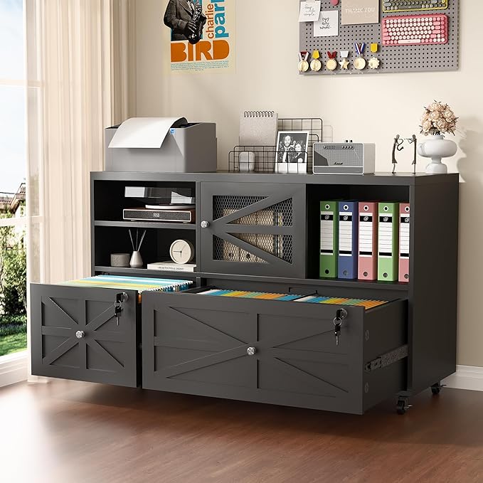 Semoic 2 Drawer Farmhouse File Cabinet with Lock, Mobile Lateral Filing Cabinet for Letter/Legal/A4 Size, Open Storage Adjustable Shelf for Home Office Cabinets, Black