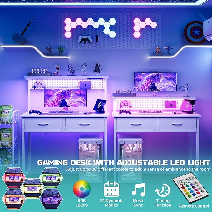 MUTUN Small Desk with Drawers, 31 Inch Computer Desk with Power Outlet & LED Light, Gaming Desk with Adjustable Monitor Stand & Pegboard, Modern PC Study Writing Table for Bedroom, White