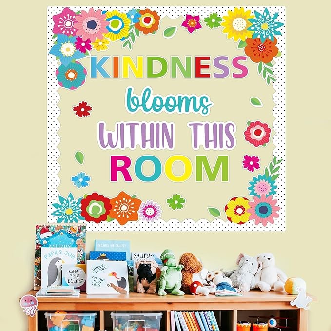 65pcs Spring Floral Classroom Bulletin Board Decoration Colorful Flower Kindness Blooms Flower Cutouts Floral Inspirational Bulletin Board for Spring Back to School Chalkboard Supplies Wall Decor