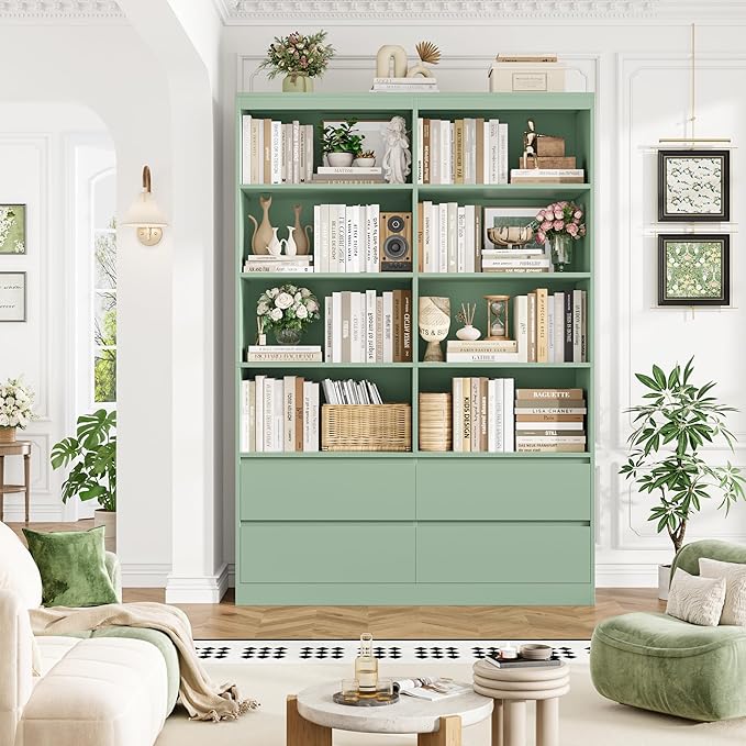 FINETONES Bookshelves and Bookcase, 47.3" Double Wide Bookshelf with Drawers, 71" Tall Bookshelf Large Open Book Shelf Standing Book Case for Home Office, Green