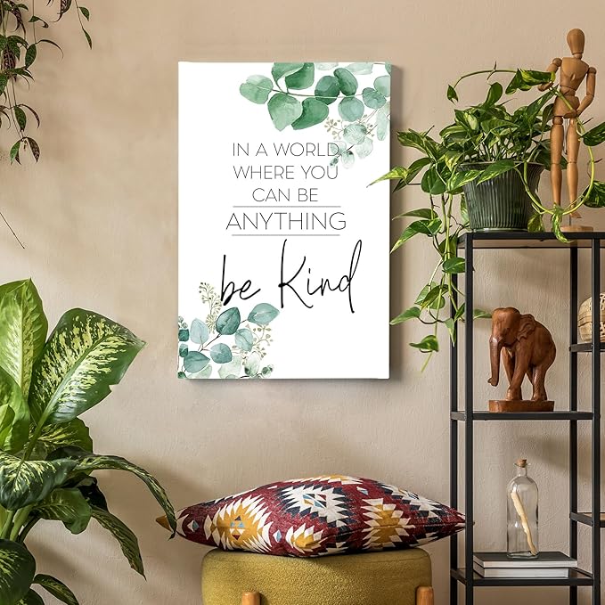 HIWX Be Kind Inspirational Framed Canvas Wall Art Decor, Eucalyptus Botanical Motivational Positive Wall Art Decoration for Bathroom Office Bedroom Home Prints 16x24