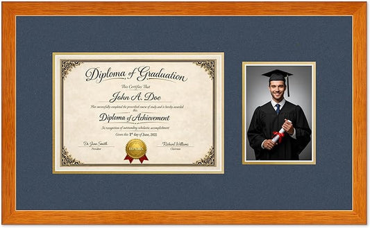 Diploma Frame With Photo Opening Honey Oak Navy Blue Over Gold Mat - Fits 11.69 x 8.27 Degree and Picture Made in the USA