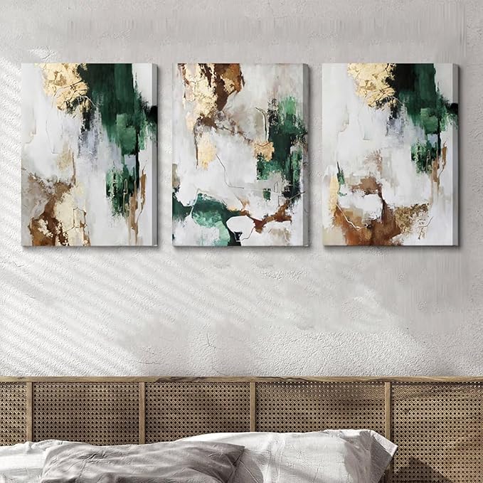 3Pcs Framed Green and Gold Canvas Wall Art Abstract Posters Print Brown and Gray Line Pictures Decor for Living Room Bedroom Bathroom Home Decoration