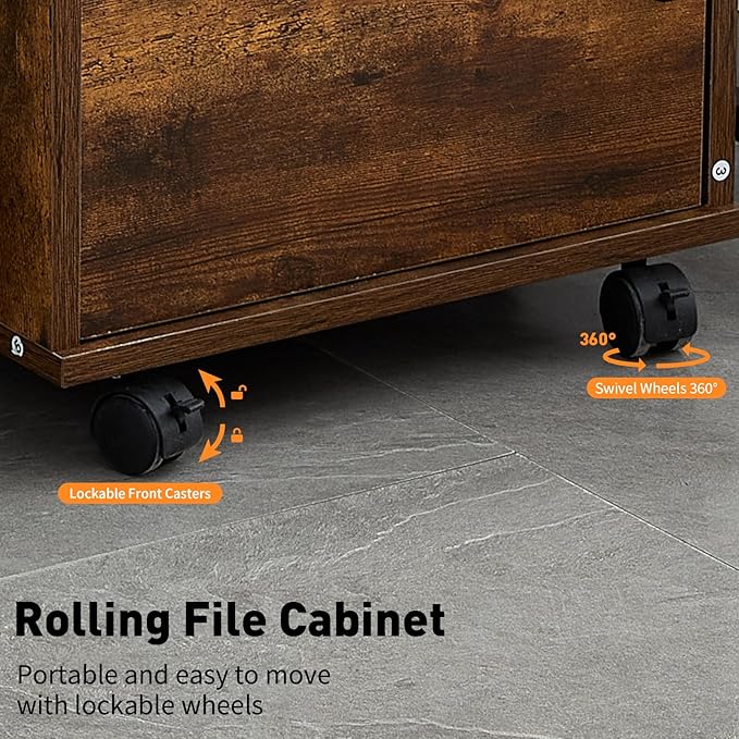 Mobile 2 Drawer File Cabinet with Lock, Wooden Under Desk Filing Cabinet with Wheels, Small Rolling Storage Cabinet for Home Office Organizer A4/Letter Size/Legal, Rustic Brown