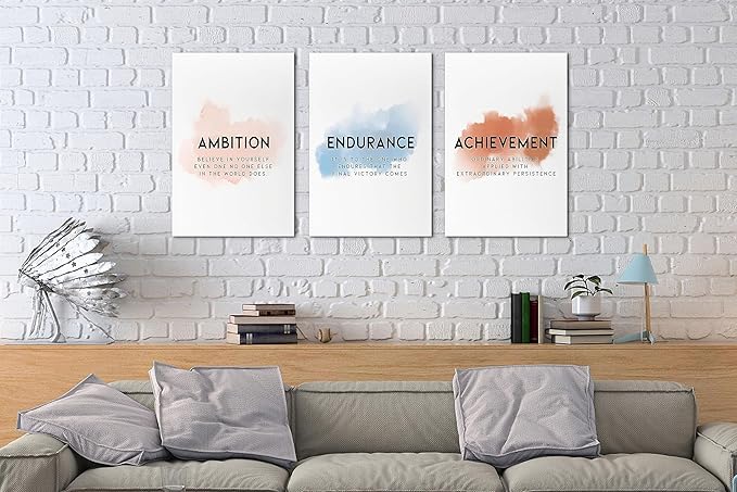 Office Canvas Wall Art Motivational Wall Decor, 3 Piece Ambition Endurance Achievement Print Pictures for Office Wall Decor Women Inspirational Framed Artwork Home Office Decor 12”x18”x3 Panels