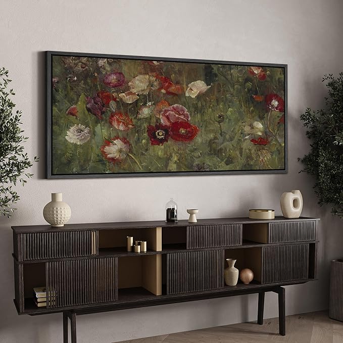 SIGNFORD Extra Large Framed Canvas Vintage Red and White Poppy Field Illustrations Modern Art Calm Warm for Living Room, Bedroom, Office - 60"x30"