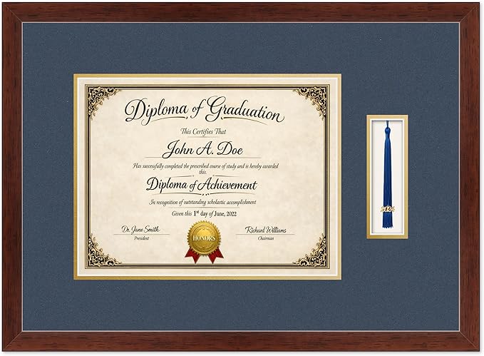 Diploma Frame with Tassel Holder Rustic Walnut Shadowbox Navy Blue Over Gold Mat - Fits 13 x 10 Degree Made in the USA