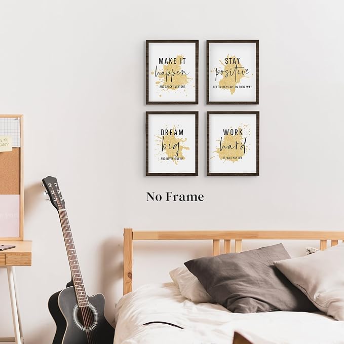 QLMX Gold Office Inspirational Wall Art Prints Set of 4, Motivational Gold Prints Wall Decor for Office Women Men, Positive Quotes Poster for Home 8”x10” Unframed