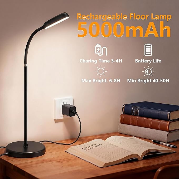 Cordless Portable Floor Lamp, Adjustable Gooseneck with Touch Switch, 3 Color Modes, Lightweight & Rechargeable for Living Room, Bedroom, Office, Reading, Camping, RV, Piano, Indoor Outdoor- Black