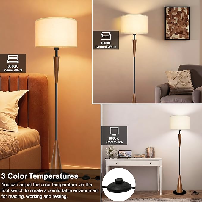 Floor Lamp for Living Room, Wood 3 Color Temperatures & Linen Shade, Modern Reading Standing Lamp with 9W LED Bulb, Mid Century Night Light for Farmhouse, Bedroom, Office