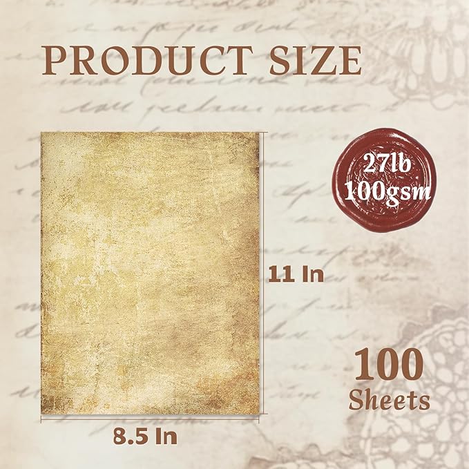 Goefun Vintage Stationery Paper, Parchment Printer Paper 8.5 x 11, 100 Sheets Aged Stationery for Letter Writing, Certificates, Diplomas, Resumes, Crafts（100 GSM）