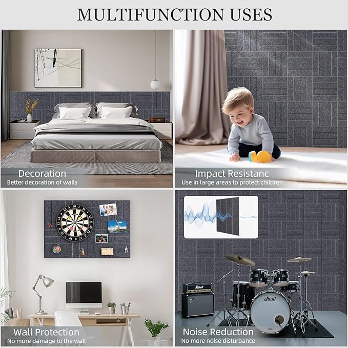 Large Cork Board Strips for Wall, 36" x 24" Bulletin Board, 6 Pack Fabric Wall Tiles with Pushpins, Adhesive Cork Board for Office, Sound Absorbing Bulletin Board Set for Home Music Class, Dark Gray