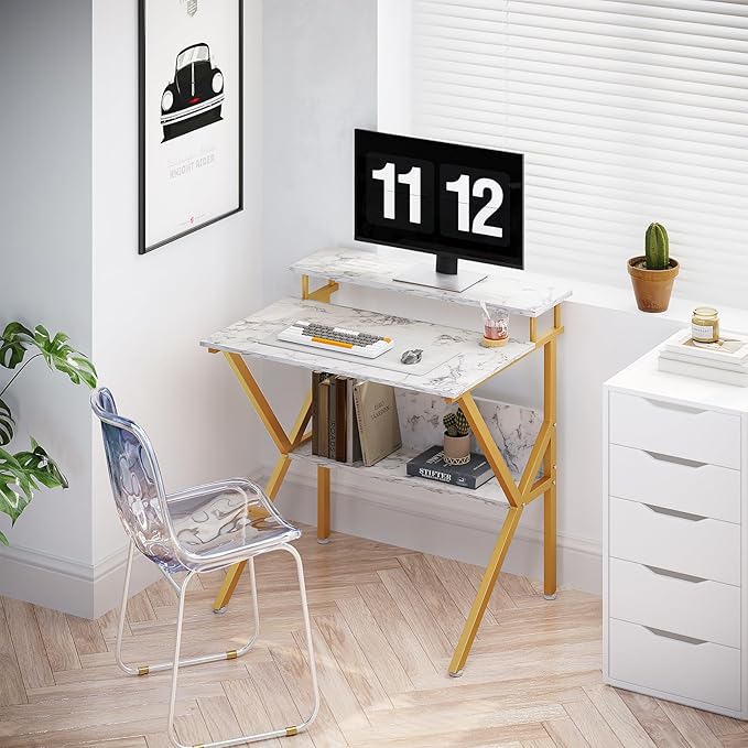 ODK Small Desk, 27.5 Inch Computer Desk for Small Spaces, Kids Desk with Storage, Study Table with Monitor Stand for Homeschool, White Marble + Gold Leg
