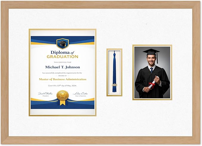 Diploma Tassel and Photo Frame Natural Wood Shadowbox Oyster Shell Over Gold Mat - Fits 8.5 x 11 Degree Picture Made in the USA