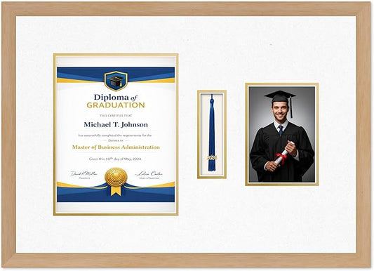 Diploma Tassel and Photo Frame Natural Wood Shadowbox Oyster Shell Over Gold Mat - Fits 8.5 x 11 Degree Picture Made in the USA