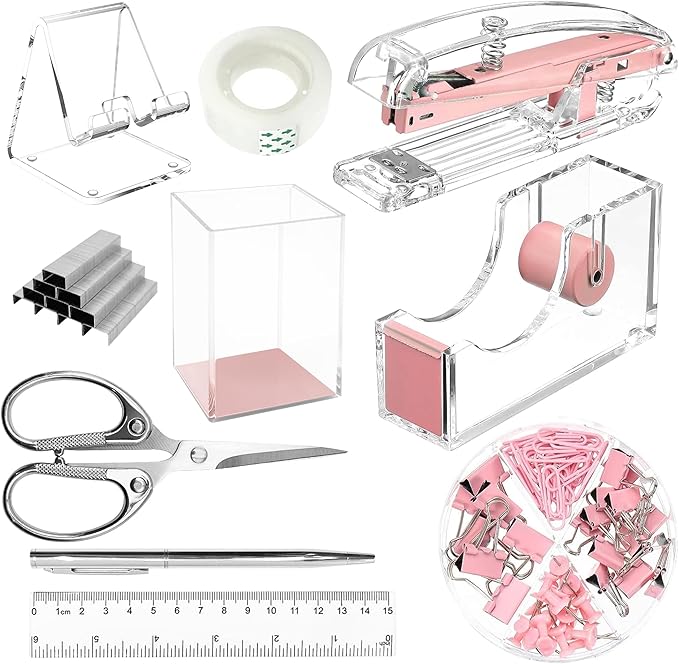 DRQ Pink Desk Organizers and Accessories Office Supplies, 10Pcs Set for Office with Stapler, Tape Dispenser, Pens, Pen Holder, Phone Holder, Tape, Ruler, 1 Box Staple, Scissors and 1 Box of Clip