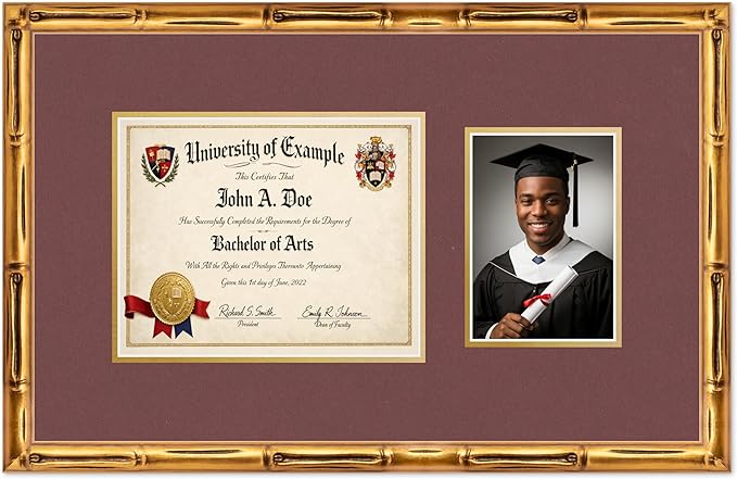 CountryArtHouse Fits 10 x 8 Professional License and 5 x 7 Photo Diploma and Photo Frame Gold Bamboo Genuine Hardwood with Dark Red Over Metallic Gold Double mat