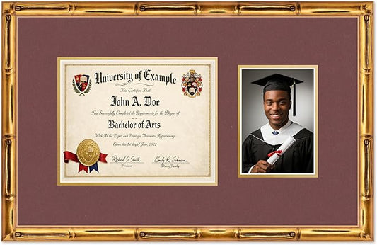 CountryArtHouse Fits 10 x 8 Professional License and 5 x 7 Photo Diploma and Photo Frame Gold Bamboo Genuine Hardwood with Dark Red Over Metallic Gold Double mat